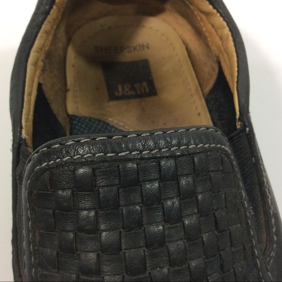 J&M Johnston & Murphy 9M Sheepskin Black Woven Loafers Slip On Driving Shoes - Picture 5 of 9